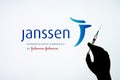 Kyiv, Ukraine - December 03, 2020: Backlit single shot image of Janssen Pharmaceutica by Johnson & Johnson Covid-19 vaccine
