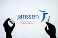 Kyiv, Ukraine - December 03, 2020: Backlit single shot image of Janssen Pharmaceutica by Johnson & Johnson Covid-19 vaccine