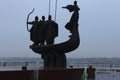 Close-up view the Monument of the founders of Kyiv after reconstruction. Kyi, Shchek, Horyv and Lybid in the boat