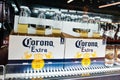 Kyiv, Ukraine - December 19, 2018: Corona extra beer bottles on shelves of fridge in a supermarket. Corona Extra is a pale lager Royalty Free Stock Photo