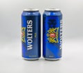 Wolters Pils German beer with citrus cans closeup on white