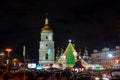 Kyiv,Ukraine-December 26th,2020:Amazing view of the St.Sophia Square with main Christmas tree of Ukraine at night light Royalty Free Stock Photo