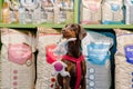 KYIV, UKRAINE - 08.16.2020 Dog wait a pet owner for shop a pet food Dog, Cat and other on pet goods shelf in pet shop. Royalty Free Stock Photo