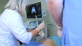 Amniocentesis. Amniotic fluid test. Ultrasound examination of the fetus of a pregnant woman. Ultrasonic scanner.
