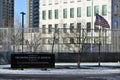 The Embassy of the United States of America in Kyiv. The American flag is lowering from the flagpole Royalty Free Stock Photo