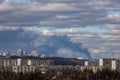 KYIV, UKRAINE - February 27, 2022: War of Russia against Ukraine. Large-scale fires on the northern outskirts of the city as a