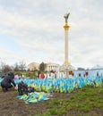 Independence Square with yellow and blue flags in memory of the fallen defenders of Ukraine