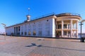 Building of the old River Station on Poshtova Square against blue sky at sunny spring morning.