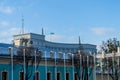 The flag on the top of Verkhovna Rada building parliament house on Hrushevsky street in Mariins