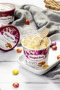 KYIV, UKRAINE - JANUARY 03, 2021: Haagen-Dazs ice cream vanilla macadamia nut bucket. Royalty Free Stock Photo