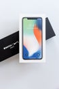 KYIV, UKRAINE - 26 JANUARY, 2018: New Iphone X smartphone model and apple watch in boxes close up. Newest Apple devices Royalty Free Stock Photo