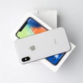 KYIV, UKRAINE - 26 JANUARY, 2018: New Iphone X smartphone model close up. Newest Apple Iphone 10 mobile phone device on Royalty Free Stock Photo