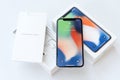 KYIV, UKRAINE - 26 JANUARY, 2018: New Iphone X smartphone model close up. Newest Apple Iphone 10 mobile phone device on white bran Royalty Free Stock Photo