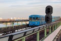 KYIV, UKRAINE - JANUARY 07, 2014: View of the old subway train in the elevated part on the bridge over the Dnipro river Royalty Free Stock Photo