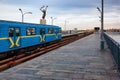 KYIV, UKRAINE - JANUARY 07, 2014: View of the old subway train in the elevated part on the bridge over the Dnipro river Royalty Free Stock Photo
