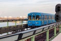 KYIV, UKRAINE - JANUARY 07, 2014: View of the old subway train in the elevated part on the bridge over the Dnipro river Royalty Free Stock Photo