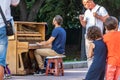 Kyiv Ukraine - Jule 27 2019: Unidentified musician plays on a piano on Mikhailovskaya Square in the center of Kyiv.