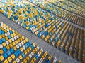 KYIV, UKRAINE - July 19, 2018. Aerial view empty tribunes of NSC Olimpiysky before the game in blue and yellow colors