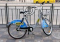 KYIV, UKRAINE - July 04, 2021. Bike with the Bikenow logo of the bike sharing company on the street.