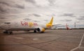 Kyiv, Ukraine - July 14, 2020: Cargo DHL plane LZ-CGT BOEING 737-400F. Yellow airplane on the platform of Boryspil International Royalty Free Stock Photo