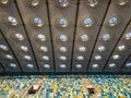 KYIV, UKRAINE - July 19, 2018. Elements of roof construction the stadium NSC Olimpiysky with empty tribunes in blue and Royalty Free Stock Photo