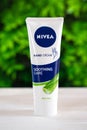 Kyiv, Ukraine - 18 July 2023. Hand cream Nivea with aloe vera. Natural cosmetic product. Close-up
