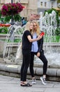 Kyiv, Ukraine - July 14, 2019. Independence Square. Selfie time. Two attractive blonde girl friends taking a selfie