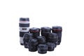 KYIV, UKRAINE - JULY 11, 2015: Set of Canon EF lenses containing a 8-15mm fish-eye, a 16-35mm, a 50mm, a 100mm Macro lens, a 24-70