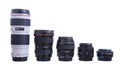 KYIV, UKRAINE - JULY 11, 2015: Set of Canon EF lenses containing a 8-15mm fish-eye, a 16-35mm, a 50mm, a 100mm Macro lens, a 24-70