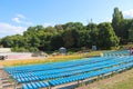 View of rows of seats at Spivoche Pole flower exhibition under name Flower Hellas, Kyiv, Ukraine