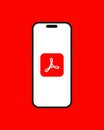Kyiv, Ukraine - 13 June 2023: Adobe Acrobat logo on the smartphone iPhone 14 screen with red background. Acrobat is a Royalty Free Stock Photo