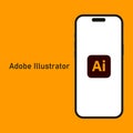 Kyiv, Ukraine - 14 June 2023: Adobe Illustrator logo isolated on the smartphone iPhone 14 screen with orange background