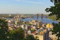 Aerial landscape view of ancient Podil neighborhood. River Dnipro with several bridges at the background.