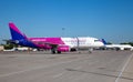 Kyiv, Ukraine - June 26, 2020: Aircraft AIRBUS A320-200 WIZZ AIR airlines. The plane is on the platform of the Kyiv airport. Royalty Free Stock Photo