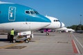 Kyiv, Ukraine - June 26, 2020: Cockpit Planes. A lot of aircraft in the parking lot of the airport. The plane is on the platform