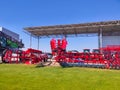 Kyiv, Ukraine - June 16, 2020: Large disc plough UNLU, towing for tractors to plow fields, against the sky at Kyiv, Ukraine