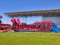 Kyiv, Ukraine - June 16, 2020: Large disc plough UNLU, towing for tractors to plow fields, against the sky at Kyiv, Ukraine