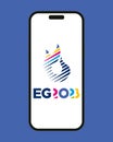 Kyiv, Ukraine - June 2023: Logo of the 3rd European Games on phone. EG2023 international sporting event will take place