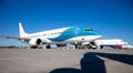 Kyiv, Ukraine - June 26, 2020: A lot of aircraft in the parking lot of the airport. The plane is on the platform of the Kyiv