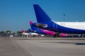 Kyiv, Ukraine - June 26, 2020: A lot of aircraft in the parking lot of the airport. The plane is on the platform of the Kyiv