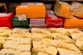 Kyiv, Ukraine, June 2023: - Many choice delicious hard cheese variety in food counter in supermarket