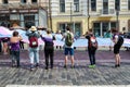 Kyiv, Ukraine - June 23, 2019. March of equality. LGBT march KyivPride. Gay parade. People unfurled a huge rainbow flag