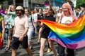 Kyiv, Ukraine - June 23, 2019. March of equality. LGBT march KyivPride. Gay parade. Girls carry a large rainbow flag