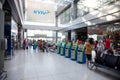 Kyiv, Ukraine - June 26, 2020: Masked people at the Kyiv airport. Public place during the quarantine period. Waiting for a flight