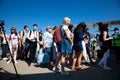 Kyiv, Ukraine - June 27, 2020: Passengers board the plane. Masked people board the flight. Airport Boryspil, Windrose Airlines