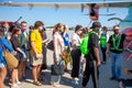 Kyiv, Ukraine - June 27, 2020: Passengers board the plane. Masked people board the flight. Airport Boryspil, Windrose Airlines