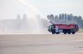 Kyiv, Ukraine - June 27, 2020: Red fire truck Rosenbauer Panther 5 in the international airport Boryspil. New car.