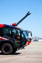 Kyiv, Ukraine - June 27, 2020: Red fire truck Rosenbauer Panther 5 in the international airport Boryspil. New car