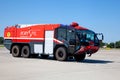 Kyiv, Ukraine - June 27, 2020: Red fire truck Rosenbauer Panther 5 in the international airport Boryspil. New car