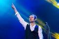 KYIV, UKRAINE - JUNE 21: Svyatoslav Vakarchuk on concert of Okean Elzy on JUNE 21 2014 in NSC Olimpiyskiy. Final concert of world